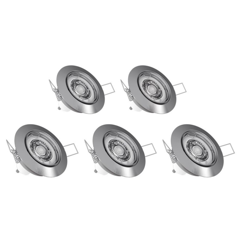 Lot de 5 Spots Encastrés Metal brossé - ORIENTABLE - Dimmable - Ampoule LED GU10 incluses - cons. 5W (eq. 50W) - Blanc chaud