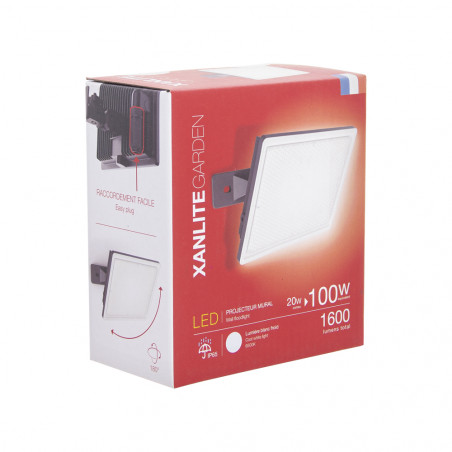 Projecteur mural noir LED IP65, 1600 Lumens , conso. 20 W, Blanc froid