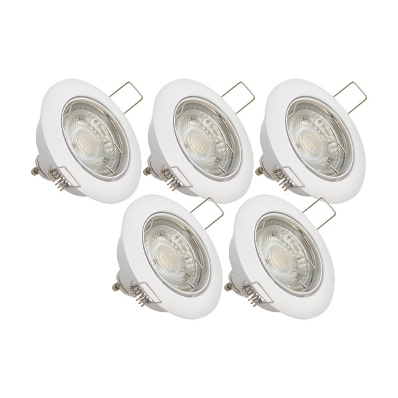 Lot de 5 Spots Encastrés Metal Blanc - ORIENTABLE - Ampoule LED GU10 incluses - cons. 5W (eq. 50W) - 345 lumens - Blanc neutre