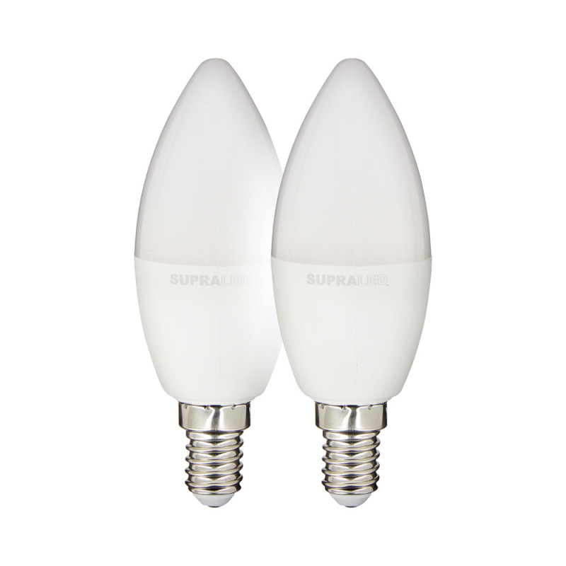 Pack de 2 Ampoules LED (Flamme), culot E14, conso. 2,8W (eq. 25W), 250 lumens, blanc chaud
