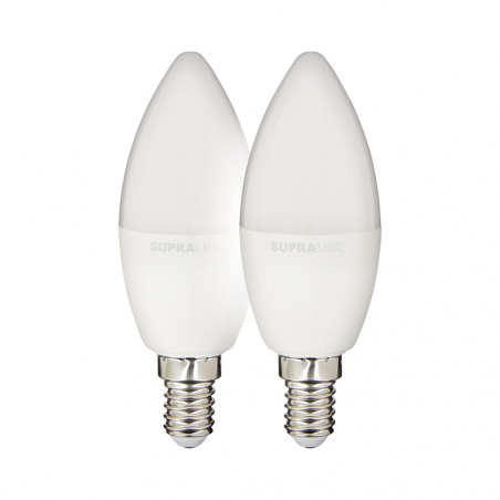 Pack de 2 Ampoules LED (Flamme), culot E14, conso. 2,8W (eq. 25W), 250 lumens, blanc chaud