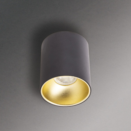 Plafonnier rond noir et or en saillie, ampoule incluse, culot GU10, 345 Lumens, conso. 5W (eq. 50W), 2700 K, Blanc chaud