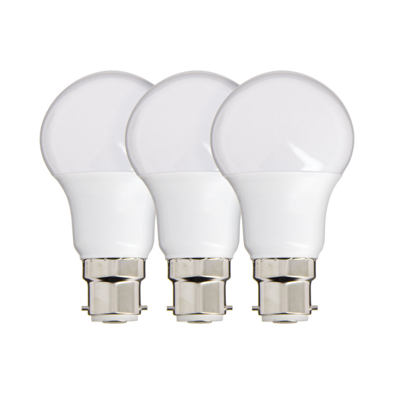 Lot de 3 Ampoules SMD LED A60 Opaques, culot B22, 806 lumens, conso. 8,8W éq. 60W, Blanc chaud