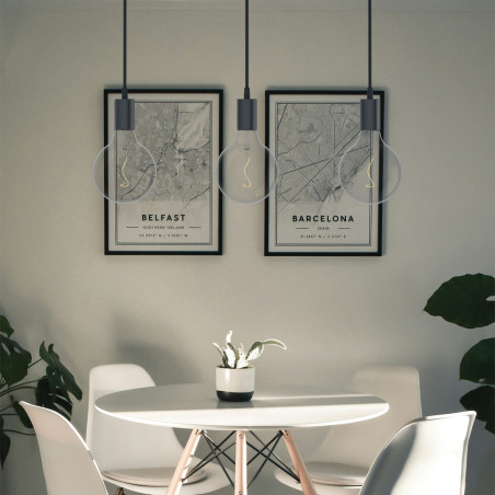 Suspension 3 douilles noire métal, culot E27, câble de 150cm réglable, IP20