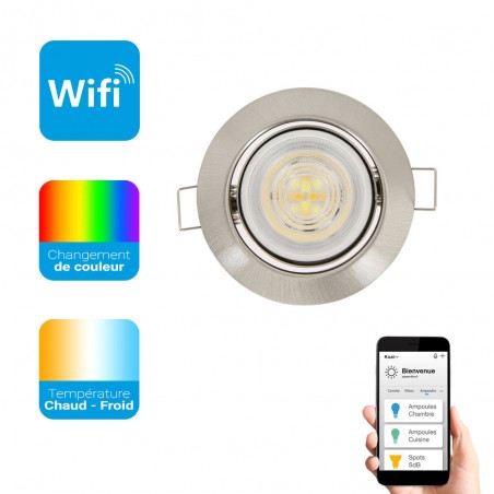 Ampoule LED connectée KOZii, éclairage blancs + couleurs, GU10 Spot encastrable aluminium brossé orientable 5W