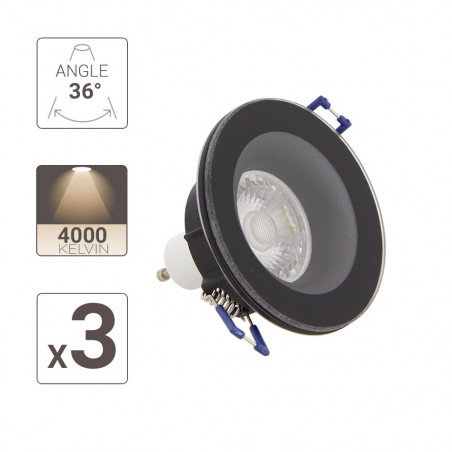 Lot 3 Spots GU10 50W 4000K Rond Noir IP44