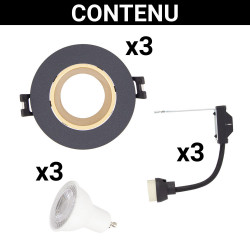 Lot 3 Spots GU10 50W 2700K Rond orientable Noir et or IP20