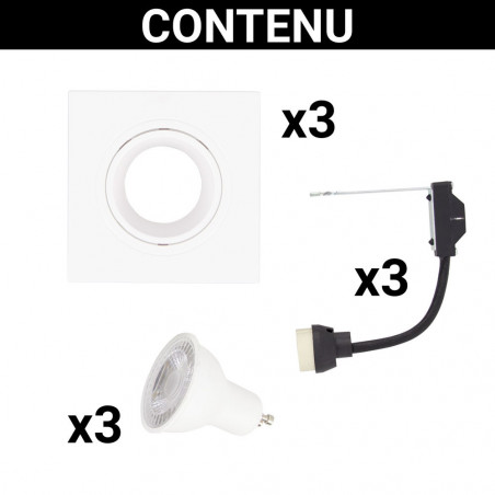 Lot 3 Spots GU10 50W 2700K Carré orientable Blanc IP20