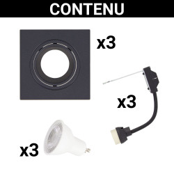 Lot 3 Spots GU10 50W 2700K Carré orientable Noir IP20