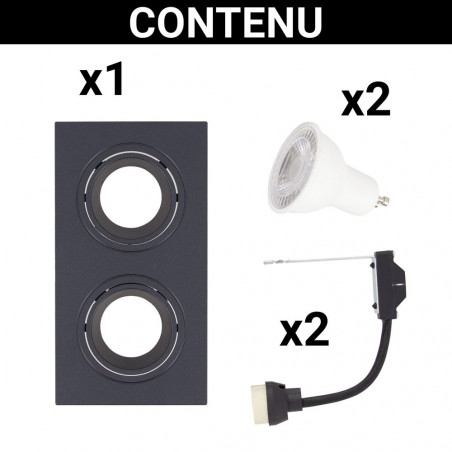 Spot 2 têtes GU10 50W 2700K Carré orientable Noir IP20