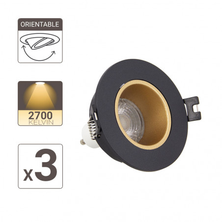 Lot 3 Spots GU10 50W 2700K Rond orientable Noir et or IP20