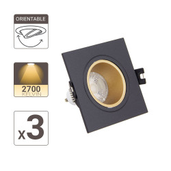 Lot 3 Spots GU10 50W 2700K Carré orientable Noir et or IP20