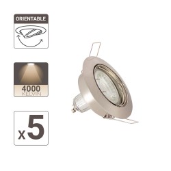 Lot de 5 Spots Encastrés Metal brossé - ORIENTABLE - Ampoule LED GU10 incluses - cons. 5W (eq. 50W) - 345 lumens - Blanc neutre
