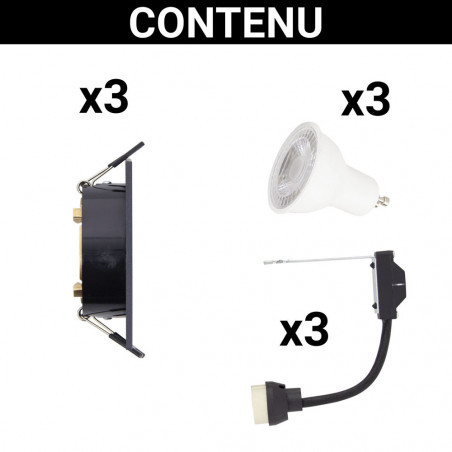 Lot 3 Spots GU10 50W 2700K Carré orientable Noir et or IP20