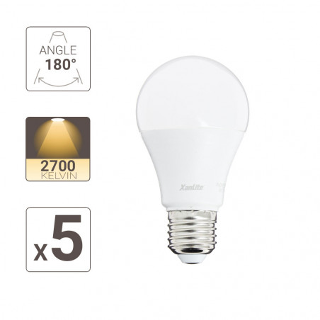 Lot x5 Ampoules LED standard, culot E27, cons. 9W, eq. 60W, blanc chaud